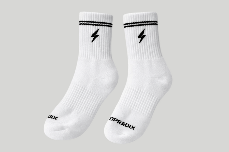 White DPRADIX socks with black stripes
