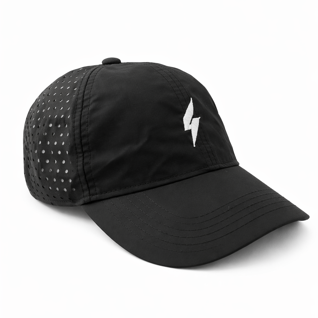 Black perforated DPRADIX cap, angled front view