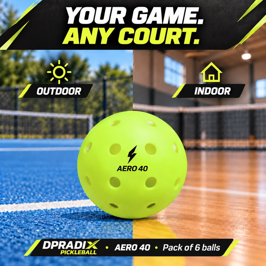 DPRADIX AERO 40 pickleball in an indoor and outdoor court composition.