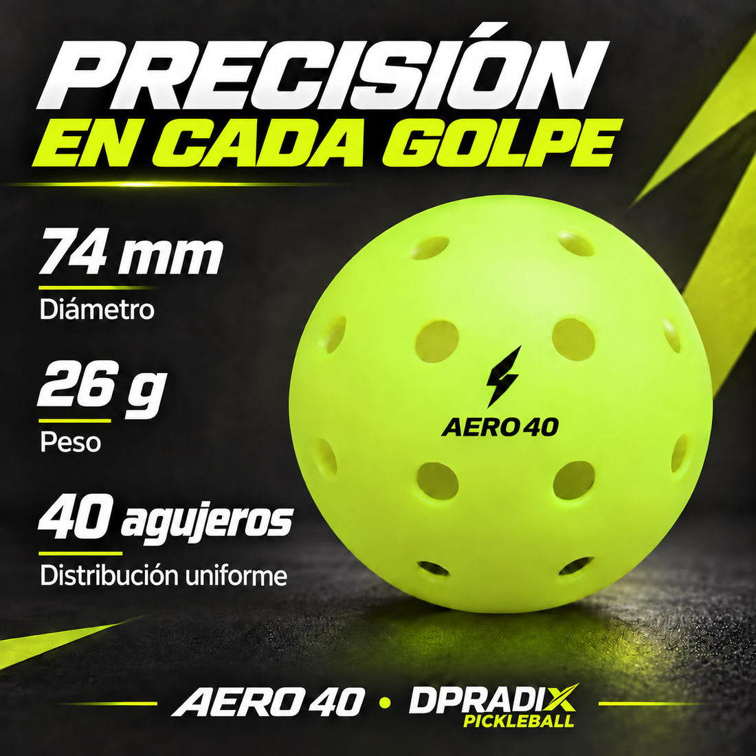 Bolas de pickleball DPRADIX AERO 40: 74 mm de diámetro, 26 g y 40 agujeros