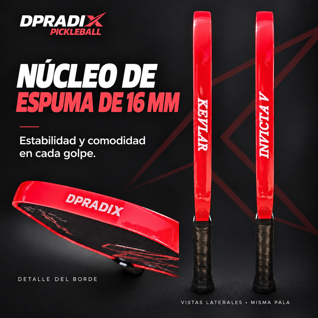 Pala de pickleball DPRADIX INVICTA V Kevlar 16 mm · Coral