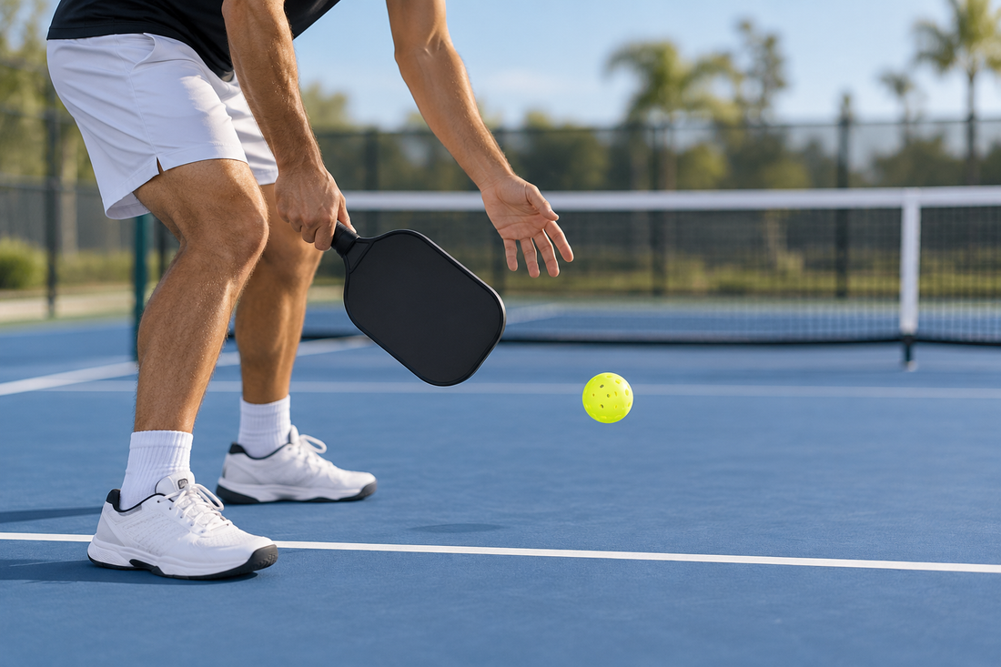 Editorial illustration of a pickleball drop serve preparation