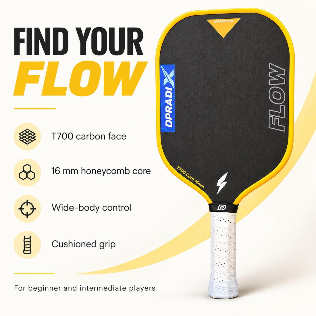 DPRADIX FLOW pickleball paddle: T700 carbon face, 16 mm honeycomb core and cushioned grip