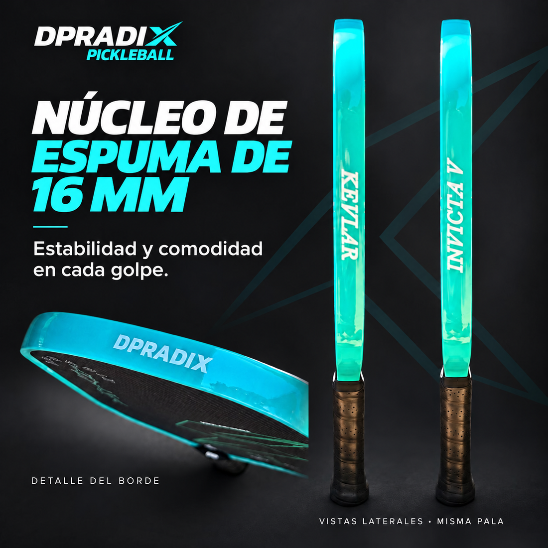 Pala de pickleball DPRADIX INVICTA V Kevlar 16 mm · Aquamarina