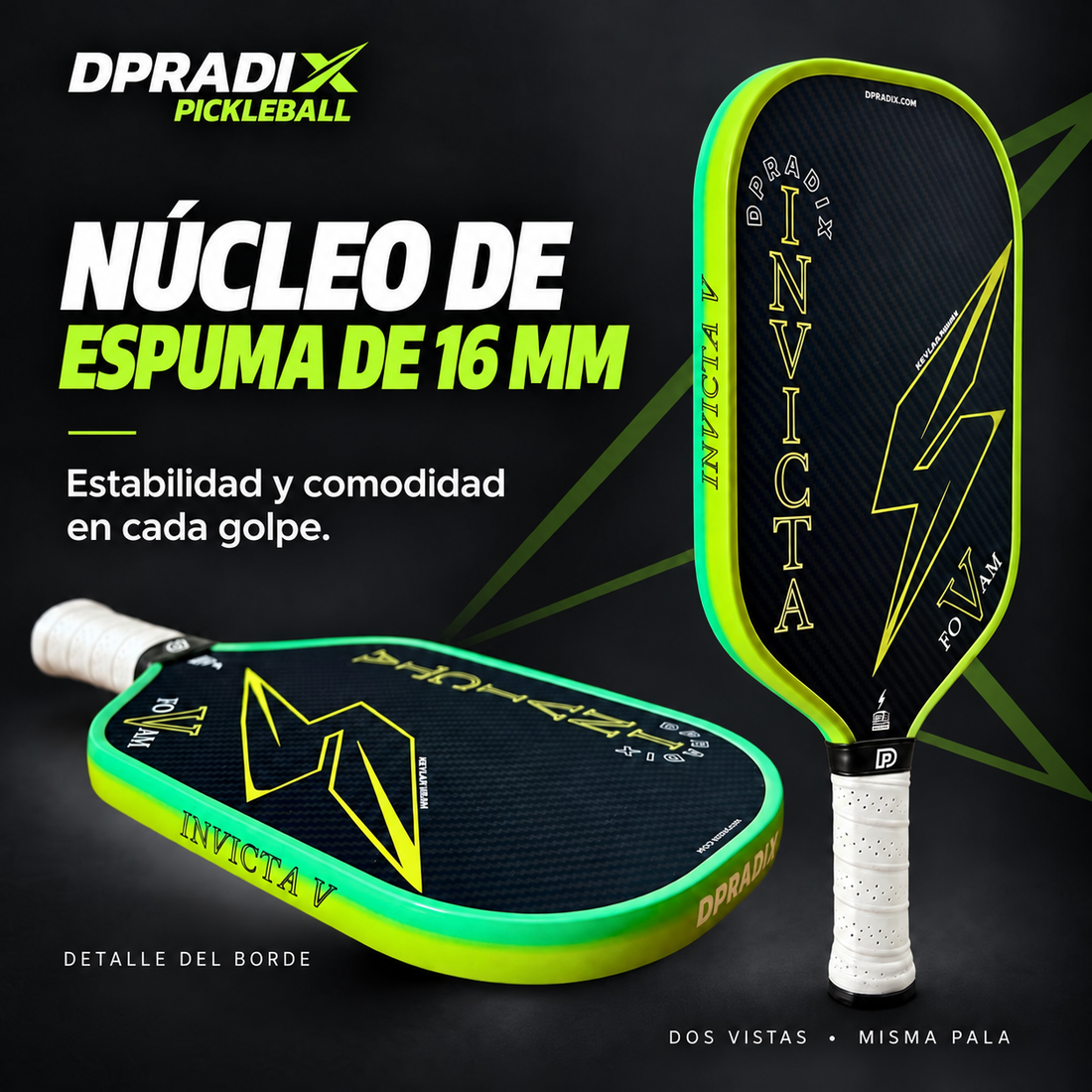 Pala de pickleball DPRADIX INVICTA V Kevlar 16 mm · Black Kevlar-Green Edge