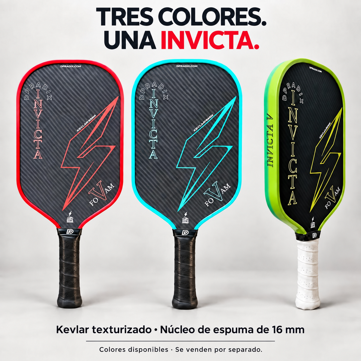 Tres palas de pickleball DPRADIX INVICTA V en coral, aquamarina y verde. Se venden por separado.